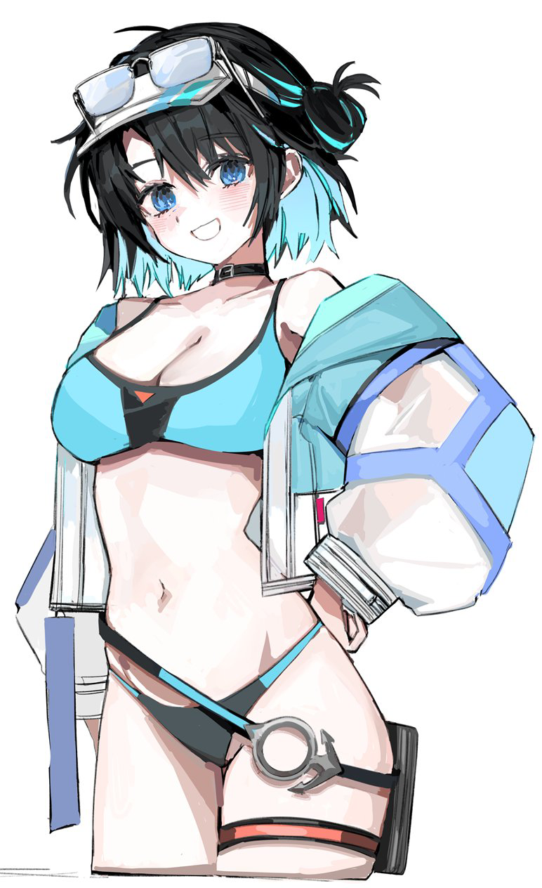 1girl, bikini, black_choker, black_hair, black_survival, blue_eyes, breasts, choker