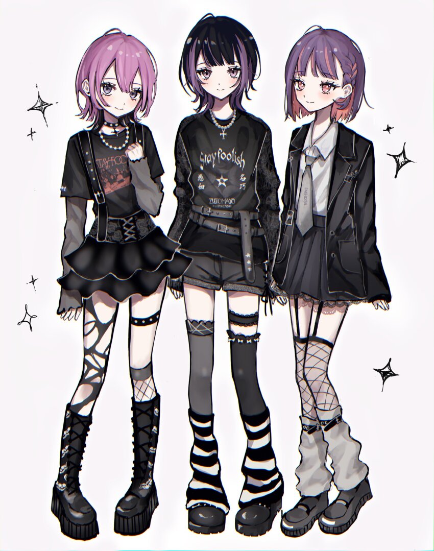 3girls, alternate_costume, alternate_footwear, asymmetrical_legwear, baka_janai_noni_(zutomayo), belt, black_boots, black_choker, black_hair, black_jacket, black_shirt, black_shoes, black_shorts, black_skirt, black_thighhighs, blunt_bangs, boots, choker, clothes_writing, collared_shirt, colored_inner_hair, cross, cross_necklace, fishnet_socks, fishnet_thighhighs, fishnets, garter_straps, grey_belt, grey_necktie, grey_shirt, grey_socks, grey_thighhighs, highres, jacket, jewelry, lace-trimmed_straps, layered_sleeves, long_sleeves, loose_socks, mirror_tune_(zutomayo), multicolored_hair, multiple_girls, necklace, necktie, nira-chan, nira-chan_(baka_janai_noni)_(zutomayo), nira-chan_(mirror_tune)_(zutomayo), nira-chan_(zanki)_(zutomayo), open_clothes, open_jacket, orange_eyes, orange_hair, pink_hair, purple_eyes, purple_hair, shirt, shoes, short_hair, short_over_long_sleeves, short_sleeves, shorts, skirt, smile, socks, song_name, spiked_choker, spikes, streaked_hair, t-shirt, thigh_strap, thighhighs, tu125, two-tone_hair, two-tone_socks, uneven_legwear, white_shirt, zanki_(zutomayo), zutto_mayonaka_de_ii_no_ni