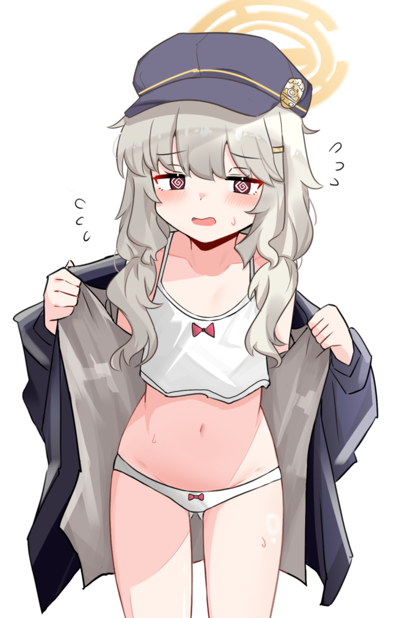 1girl, @_@, aoba_(blue_archive), blue_archive, blue_hat, bow, bow_camisole, bow_panties