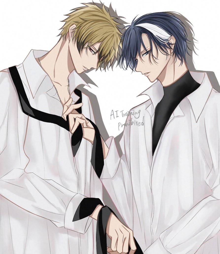 2boys, alternate_costume, artist_request, black_hair, black_necktie, blonde_hair, blue_eyes, kutinasi9