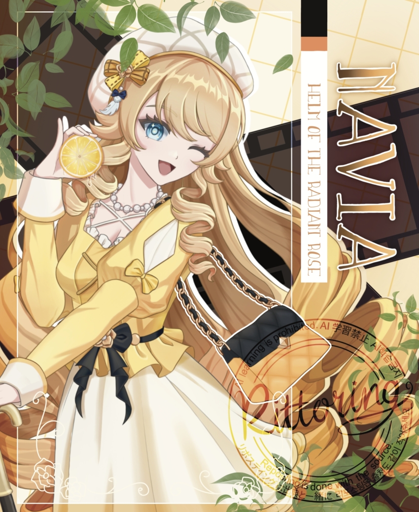 1girl, bag, beret, blonde_hair, blue_eyes, bow, breasts, character_name, drill_hair, film_strip, food, fruit, genshin_impact, grid_background, handbag, hat, highres, holding, holding_food, jewelry, leaf, lemon, long_hair, looking_at_viewer, navia_(bacchus_taste_jelly)_(genshin_impact), navia_(genshin_impact), necklace, one_eye_closed, open_mouth, podomascha, shirt, skirt, white_hat, white_skirt, yellow_shirt