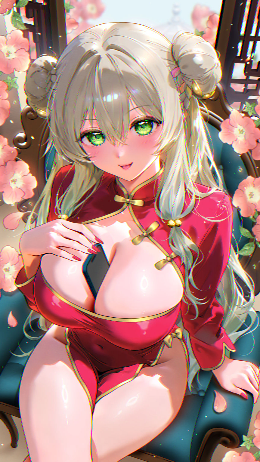 1girl, between_breasts, blonde_hair, blush, breasts, cellphone, china_dress, chinese_clothes