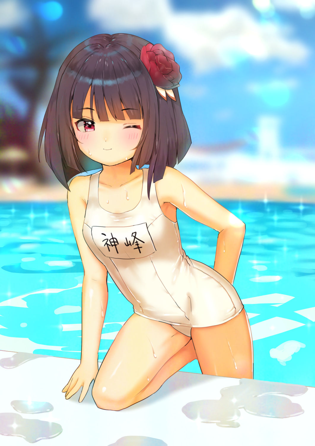 1girl, battle_girl_high_school, black_hair, blurry, blurry_background, blush, closed_eyes, closed_mouth, collarbone, commentary_request, hat, highres, kamine_botan, kiyosato_0928, one-piece_swimsuit, pool, red_eyes, red_hat, school_swimsuit, short_hair, smile, solo, swimsuit, white_one-piece_swimsuit