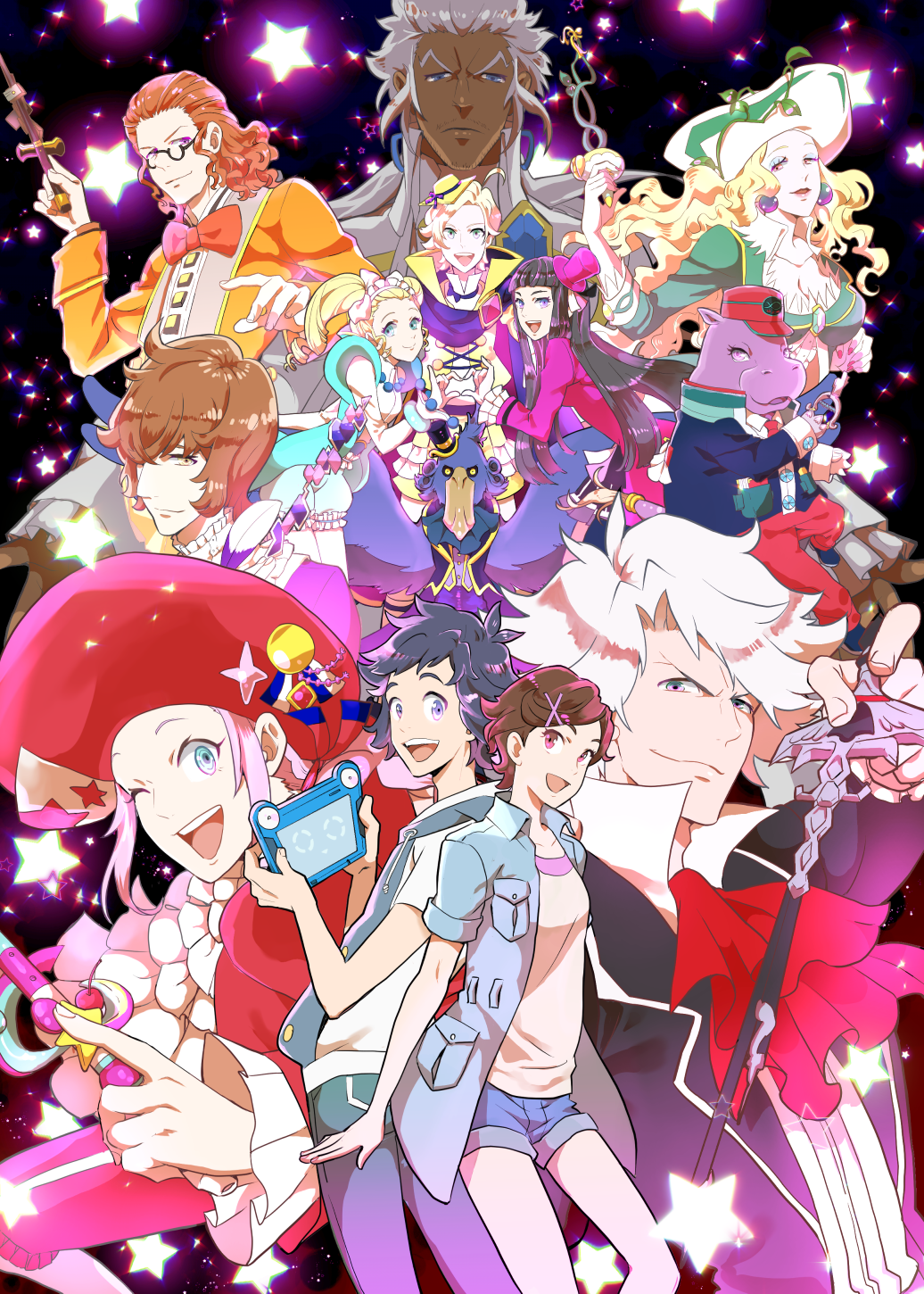 4girls, 6+boys, animal, antonin_dvorak_(classicaloid), ascot, bird, black_hair, blonde_hair