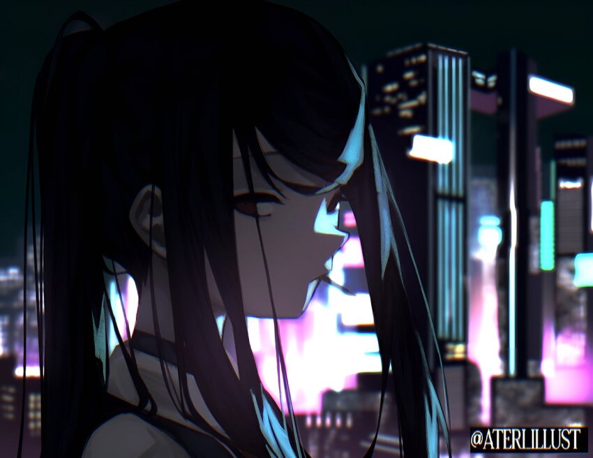 1girl, ateri_illust, backlighting, bloom, blurry, blurry_background, city_lights, cityscape
