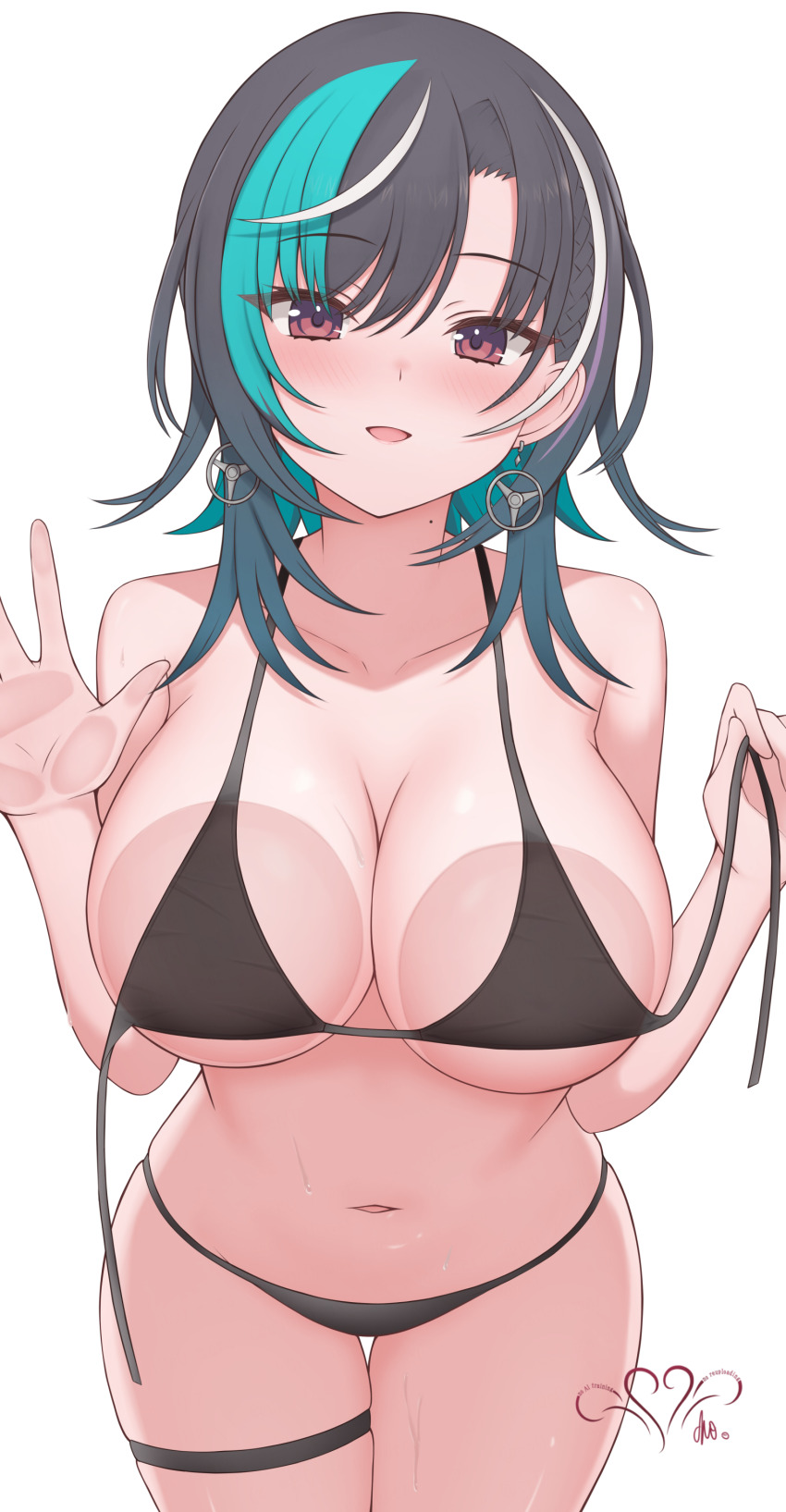 1girl, absurdres, against_glass, aqua_hair, artist_logo, bikini, black_bikini, black_hair, blush, breast_press, breasts, breasts_on_glass, chocomaru, cleavage, collarbone, earrings, hair_between_eyes, hand_on_glass, highres, holding_strap, hololive, hololive_dev_is, jewelry, large_breasts, logo, looking_at_viewer, medium_hair, mole, mole_on_neck, multicolored_hair, navel, parted_lips, red_eyes, rindo_chihaya, skindentation, smile, solo, stomach, streaked_hair, sweat, swimsuit, thigh_gap, thigh_strap, thighs, untied_bikini_top, virtual_youtuber, white_hair
