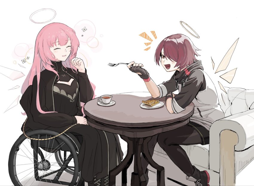 2girls, apple_pie, arknights, black_dress, black_pantyhose, black_shorts, cup, detached_wings, dress, exusiai_(arknights), fingerless_gloves, food, fork, gloves, hair_over_one_eye, halo, highres, holding, holding_fork, lemuen_(arknights), multiple_girls, nereko, pantyhose, pie, pink_hair, red_eyes, red_hair, shorts, siblings, sisters, sitting, table, teacup, wheelchair, wings