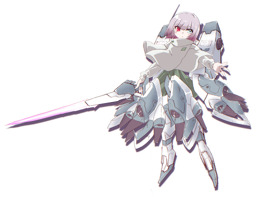 1girl, bob_cut, dolls_nest, exoskeleton, full_body, grey_eyes, heterochromia, highres, holding, holding_sword, holding_weapon, mecha_musume, pink_hair, pleated_skirt, red_eyes, shirousagi_(usagi-goya_kansatsu_nikki), short_hair, skirt, solo, sword, weapon