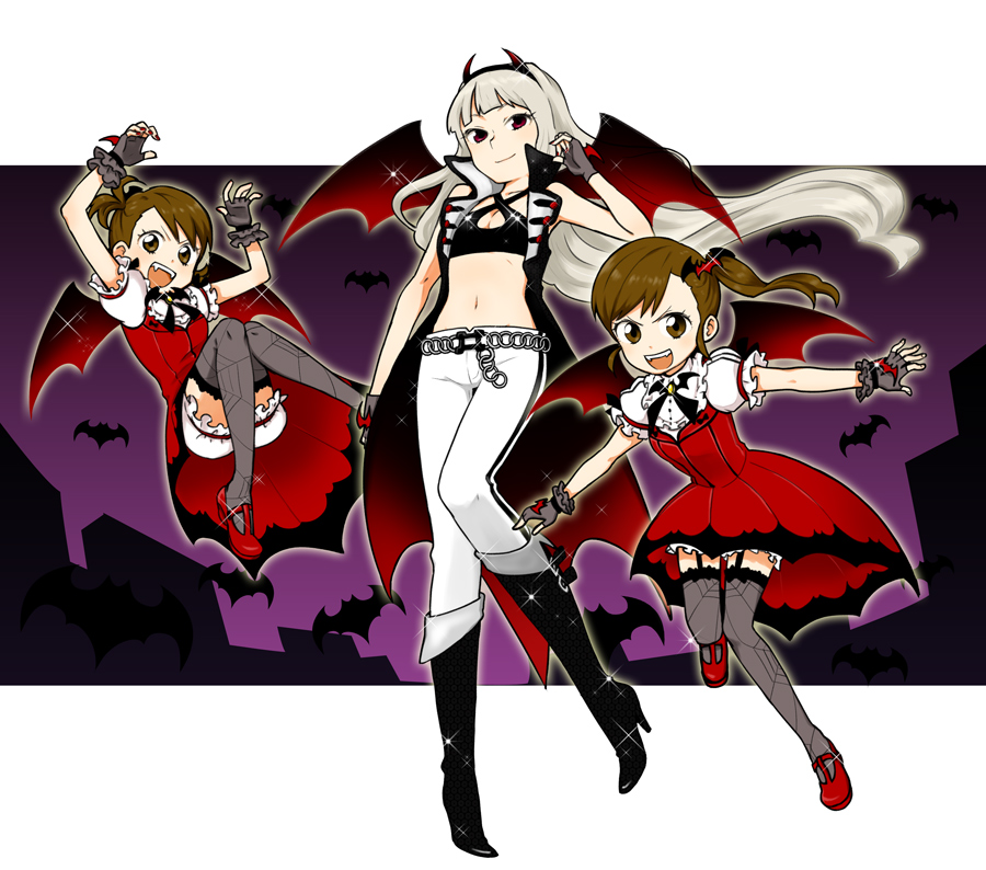 10s, 3girls, :d, bad_id, bad_pixiv_id, bat_(animal), bat_wings, boots