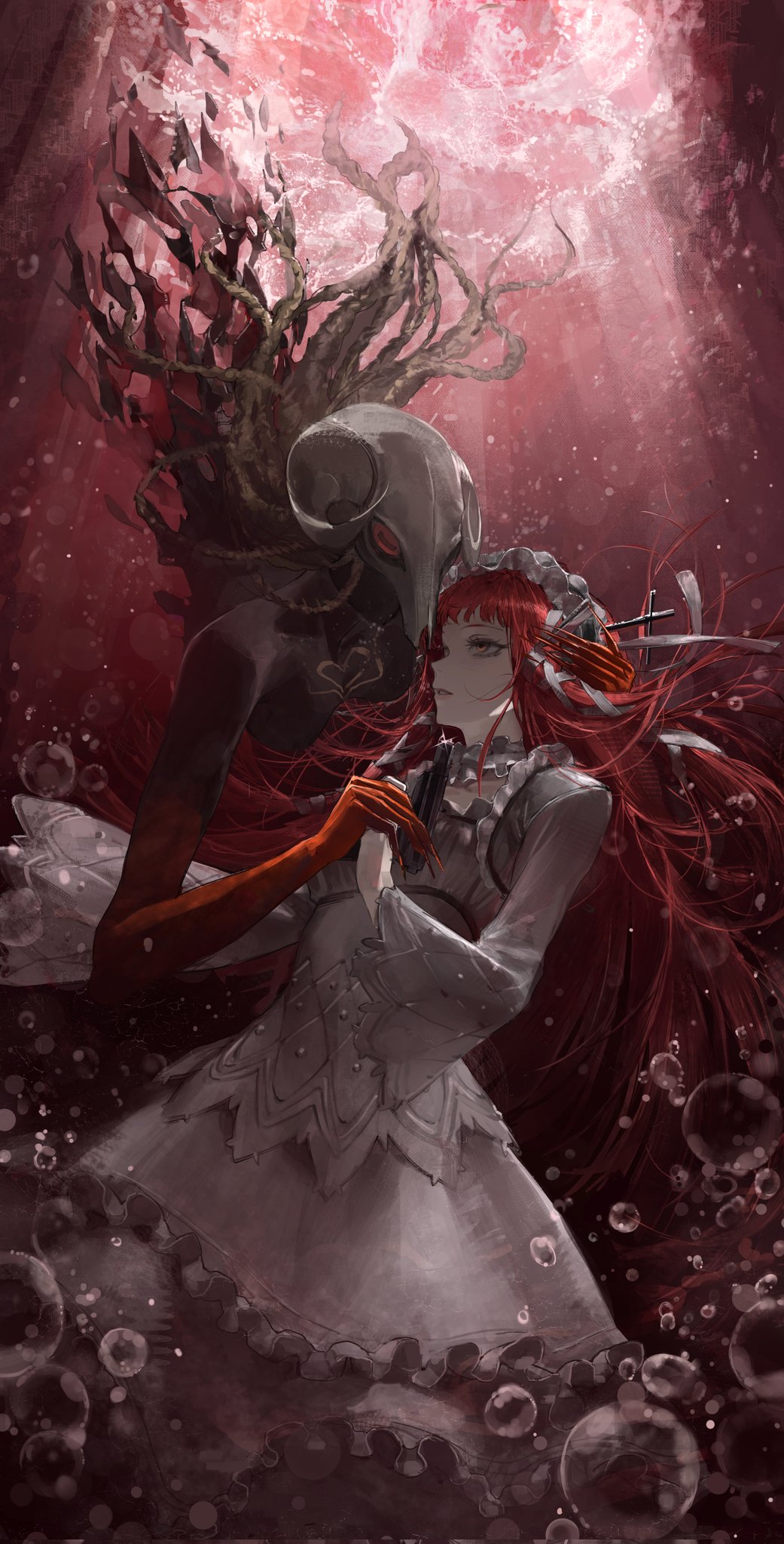 00608d, 1girl, choker, dress, frilled_choker, frilled_hairband, frills, glint