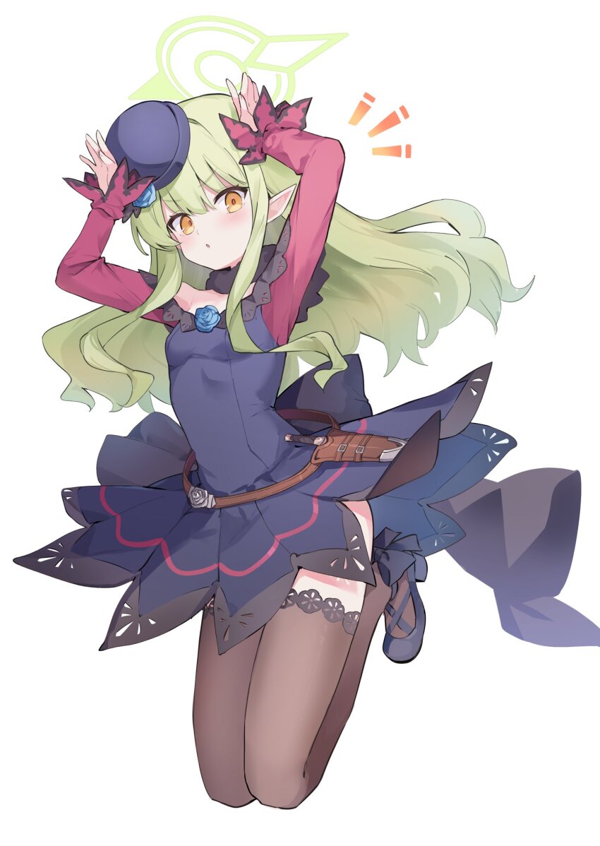 1girl, arms_up, black_thighhighs, blue_archive, blue_flower, blue_rose, cosplay, dagger