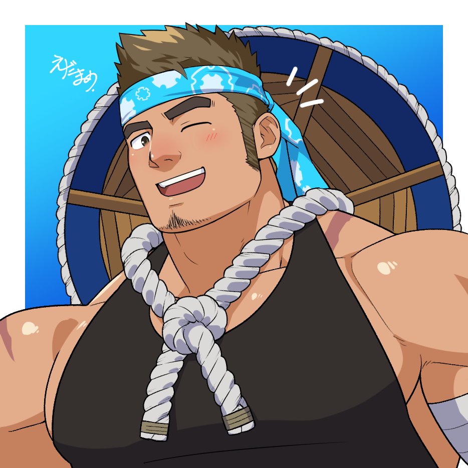 1boy, another_eidos-r, bandages, bara, black_tank_top, blush, brown_hair, edamamego