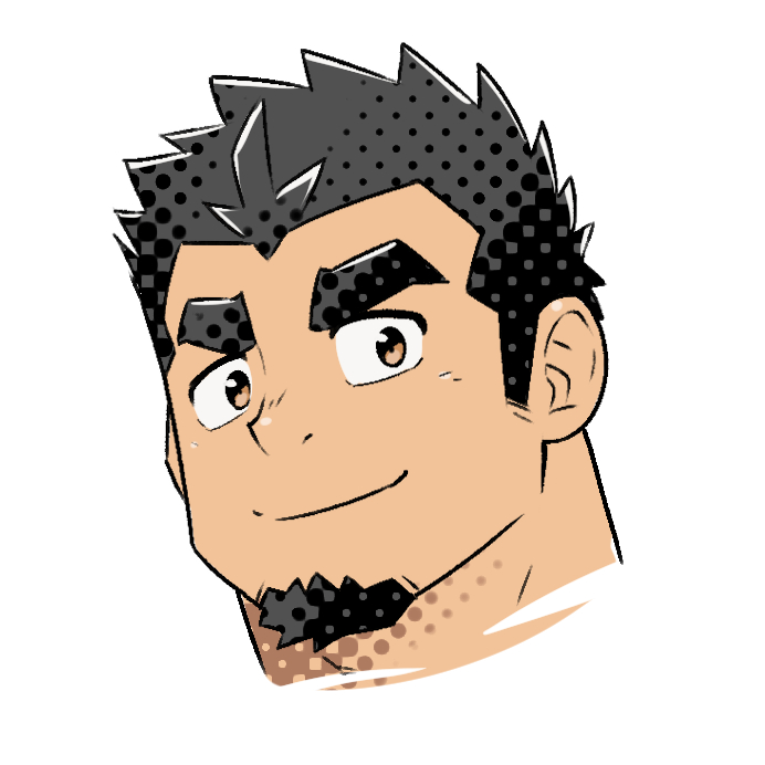 1boy, bara, black_hair, brown_eyes, crave_saga, cropped_head, edamamego, facial_hair, goatee, huge_eyebrows, looking_at_viewer, male_focus, medium_sideburns, protagonist_(crave_saga), sanpaku, sideburns, sideburns_stubble, smile, solo, spiked_hair, stubble, thick_neck