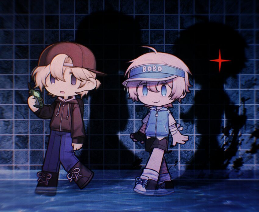 2boys, appleheart04, backwards_hat, baseball_cap, black_boots, black_hat, black_jacket, black_shorts