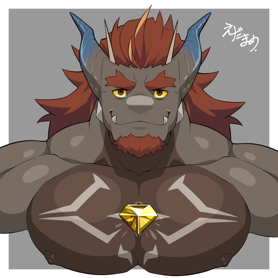 1boy, another_eidos-r, bara, barboros_(another_eidos), black_nipples, brown_fur, chest_jewel, chest_tattoo