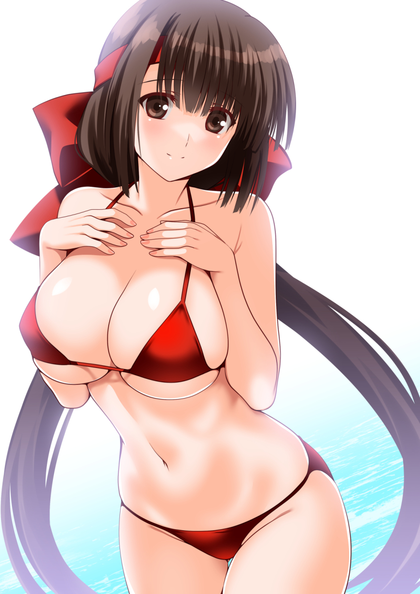 1girl, bikini, blunt_bangs, blush, bow, breasts, brown_hair, cleavage