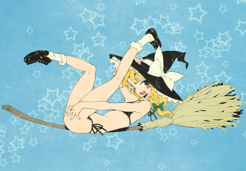 1girl, bikini, black_bikini, blonde_hair, blush_stickers, broom, female_focus, green_eyes, hat, kirisame_marisa, long_hair, riding, shoes, side-tie_bikini_bottom, socks, solo, swimsuit, touhou, utadokei, witch, witch_hat