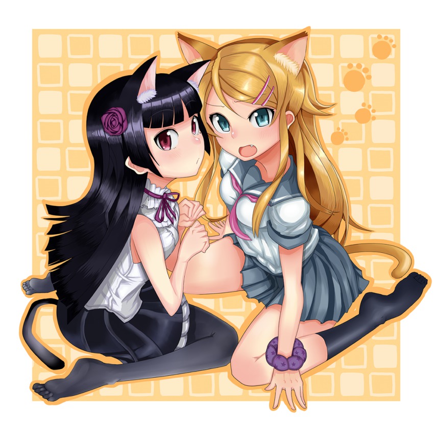 2girls, animal_ears, aqua_eyes, bad_id, bad_pixiv_id, bare_shoulders, black_hair, black_legwear