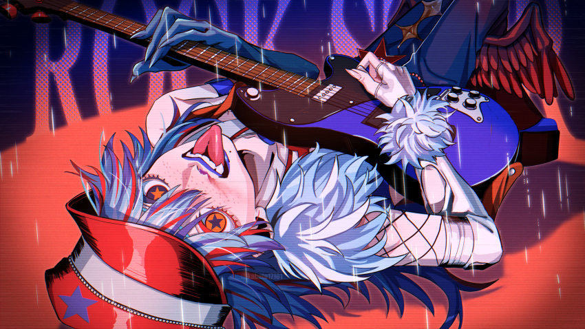 1boy, absurdres, ado_(utaite), artist_name, blood, blue_lips, electric_guitar, fangs