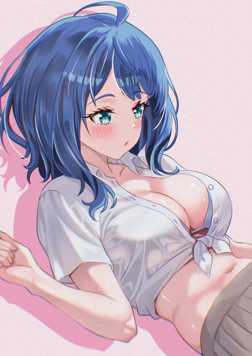 1girl, absurdres, adapted_costume, ahoge, bikini, bikini_under_clothes, blue_eyes, blue_hair