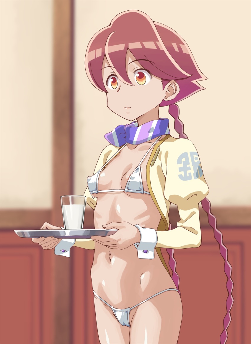 1girl, apocalypse_hotel, areola_slip, bikini, blurry, blurry_background, braid, breasts, brown_eyes, closed_mouth, commentary_request, covered_erect_nipples, cropped_jacket, cup, drinking_glass, expressionless, highres, indoors, jacket, long_sleeves, low_twin_braids, milk, multicolored_scarf, navel, onimushi_hyogo, pink_hair, plate, purple_scarf, scarf, shiny_skin, sleeve_cuffs, small_breasts, standing, striped_clothes, striped_scarf, sweatdrop, swimsuit, twin_braids, white_bikini, white_scarf, wrist_cuffs, yachiyo_(apocalypse_hotel), yellow_jacket