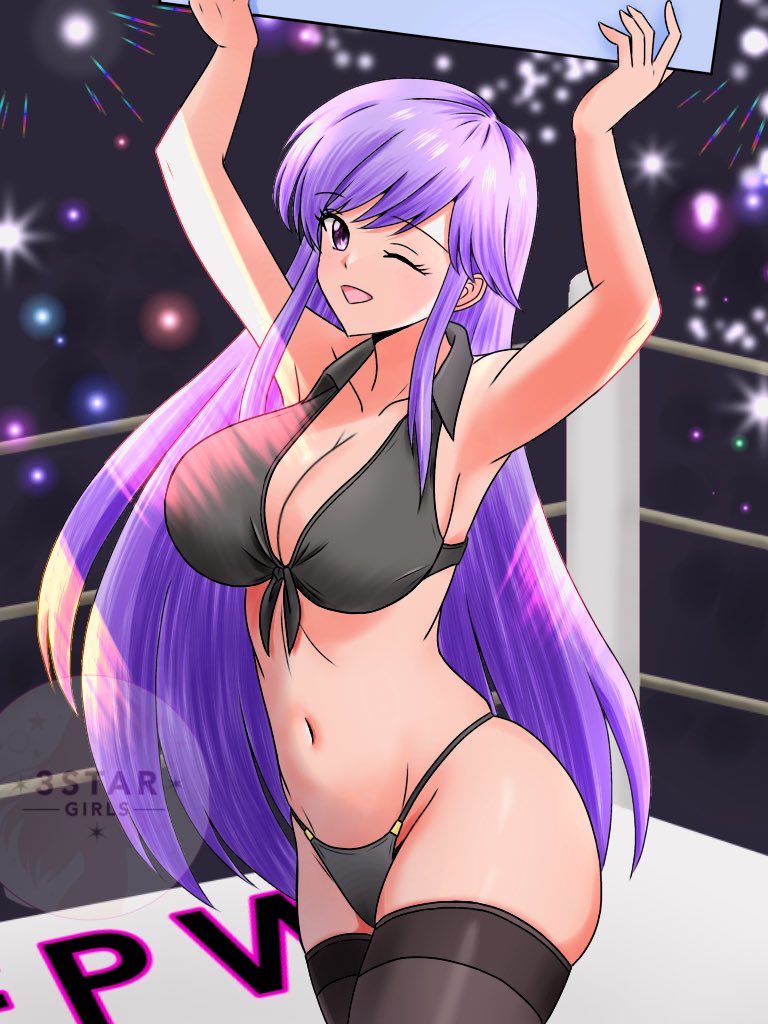 1girl, bikini, black_bikini, breasts, cleavage, jewelry, purple_hair, rai3star