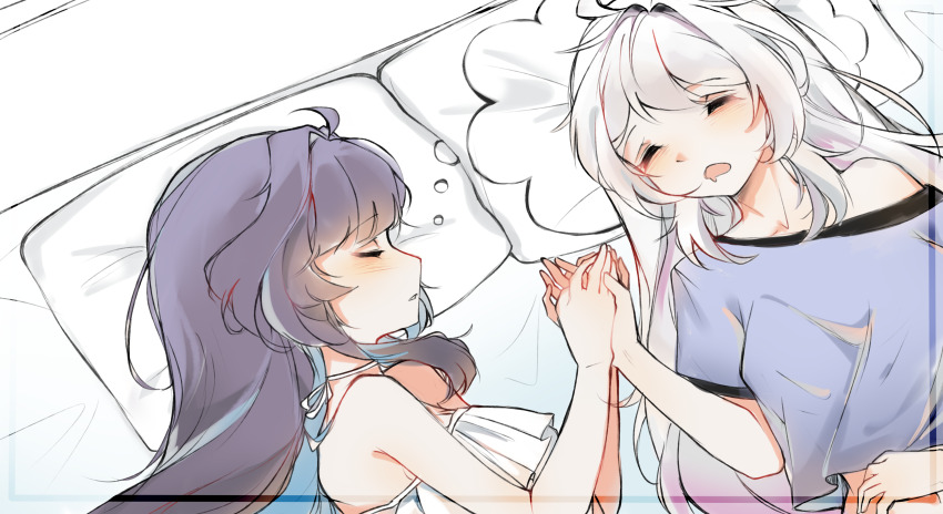 2girls, absurdres, blush, dreaming_pillow_motif_(meme), grey_hair, highres, holding_hands, honkai_(series)