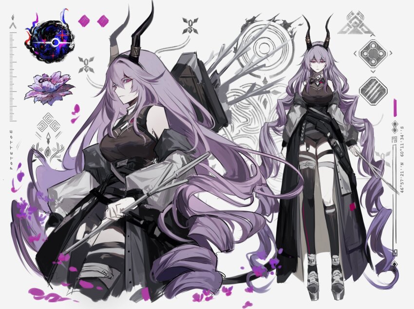 1girl, arknights, artist_name, asymmetrical_legwear, bare_shoulders, black_hairband, black_horns, black_socks