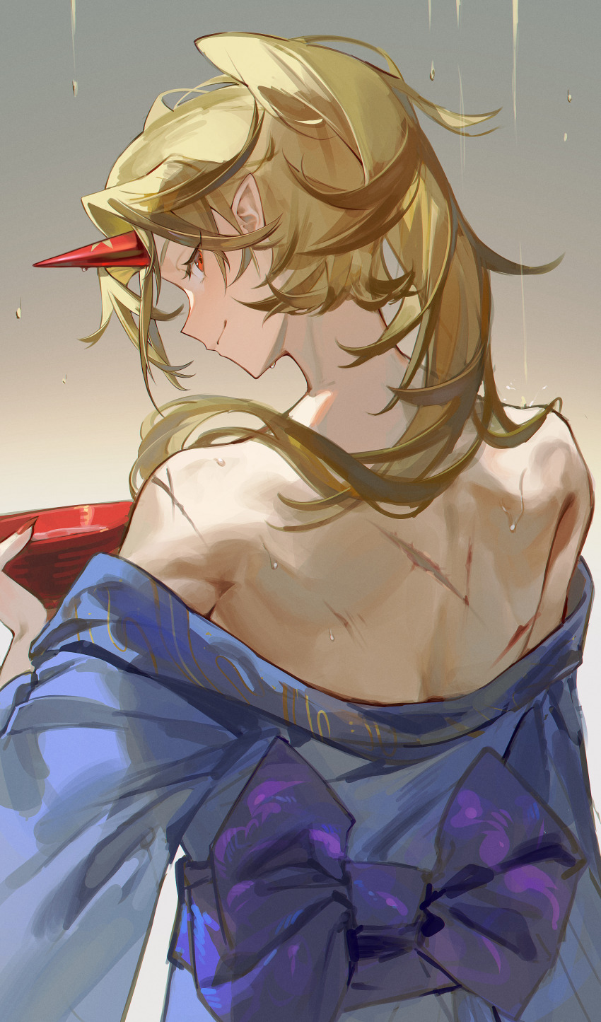 1girl, absurdres, back, blonde_hair, blue_kimono, cup, ender_xiaohai, high_ponytail, highres, holding, holding_cup, horns, hoshiguma_yuugi, japanese_clothes, kimono, looking_at_viewer, looking_back, ponytail, print_horns, rain, red_eyes, red_horns, scar, smile, solo, star_(symbol), star_print, touhou, wet, wet_clothes