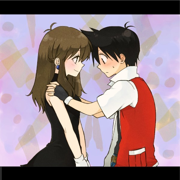 1990s_(style), 1boy, 1girl, bad_id, bad_pixiv_id, black_dress, black_hair, blush, brown_hair, couple, dress, earrings, fingerless_gloves, gloves, green_(pokemon), hetero, jewelry, kakari_(peehs), letterboxed, long_hair, nintendo, peehs76, pokemon, pokemon_adventures, pokemon_red/green/blue/yellow, red_(pokemon), retro_artstyle, short_hair, sidelocks, smile, sphere_earrings, white_gloves