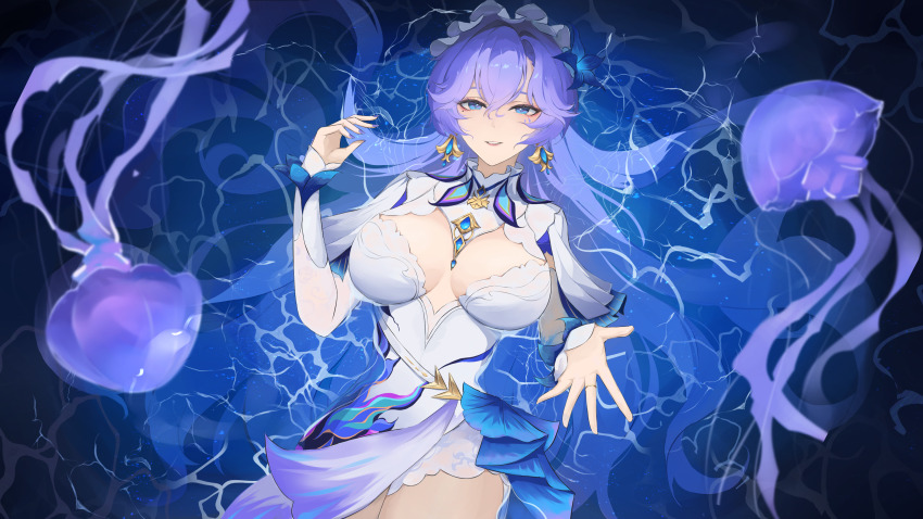 1girl, absurdres, blue_eyes, blue_flower, breasts, breasts_apart, cantarella_(wuthering_waves), commentary