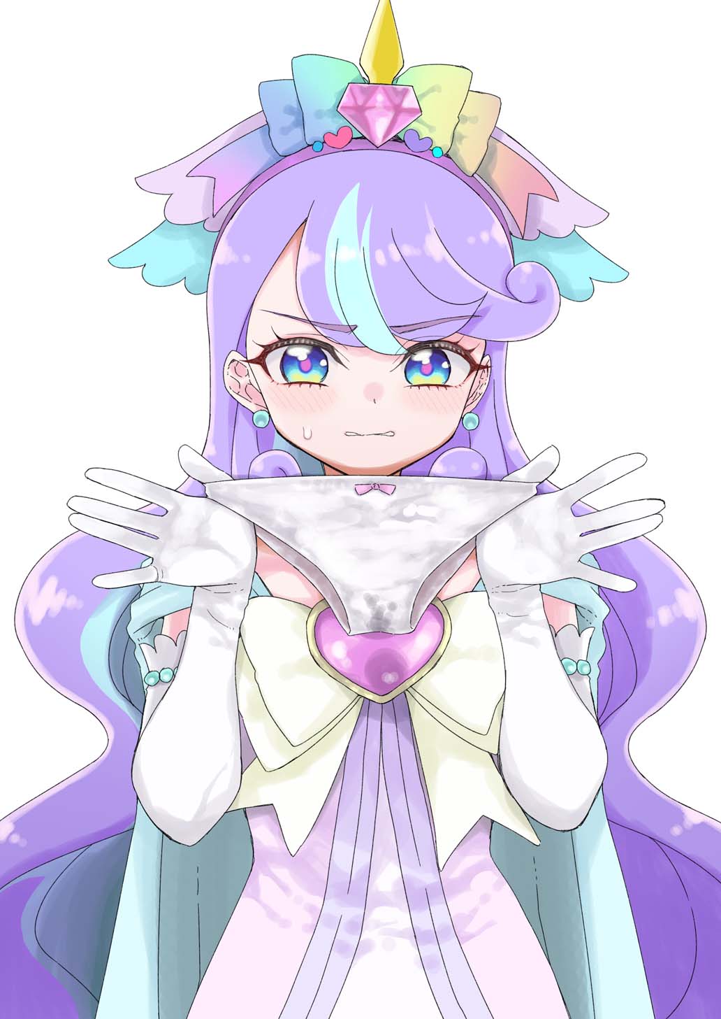 1girl, blue_eyes, blue_hair, bow, bow_panties, clenched_teeth, commentary_request, disgust, dress, earrings, elbow_gloves, gloves, hair_bow, hairband, hands_up, highres, hirota_masatane, holding, holding_panties, holding_underwear, holding_unworn_clothes, horns, jewelry, long_hair, looking_at_viewer, magical_girl, multicolored_eyes, multicolored_hair, nico_(wonderful_precure!), panties, pink_bow, pink_hairband, pink_pupils, precure, presenting_removed_panties, purple_dress, purple_hair, rainbow_bow, simple_background, single_horn, solo, sphere_earrings, stained_panties, streaked_hair, sweat, swept_bangs, teeth, two-tone_hair, underwear, unicorn_horn, upper_body, very_long_hair, white_background, white_gloves, white_panties, wonderful_precure!, yellow_eyes
