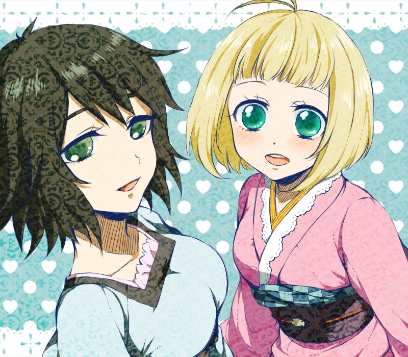 2girls, ao_no_exorcist, black_hair, blonde_hair, crossover, green_eyes, hanazawa_kana, japanese_clothes