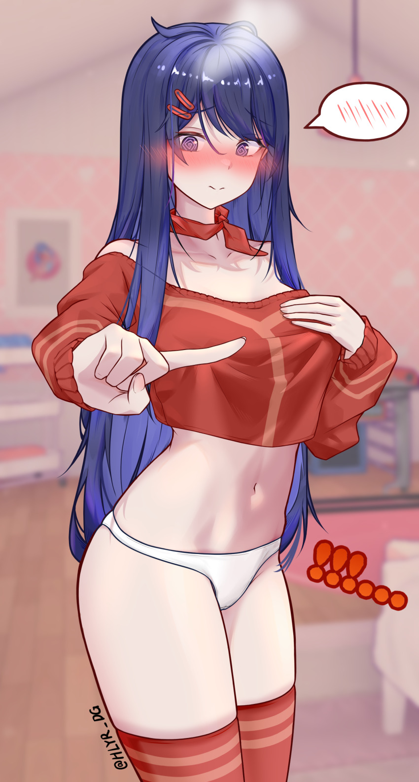 1girl, @_@, absurdres, blue_eyes, blue_hair, blush, breasts, closed_mouth, covering_breasts, covering_privates, crop_top, crop_top_overhang, cropped_shirt, diguo_keran_wu, embarrassed, feet_out_of_frame, fingernails, hair_ornament, hairclip, highres, kind_mita_(miside), long_hair, looking_at_viewer, medium_breasts, meme, miside, mita_(miside), mixed-language_commentary, navel, no_pants, nose_blush, one_finger_selfie_challenge_(meme), panties, red_shirt, red_thighhighs, shirt, solo, spoken_blush, standing, thighhighs, thighs, underwear, white_hair, white_panties
