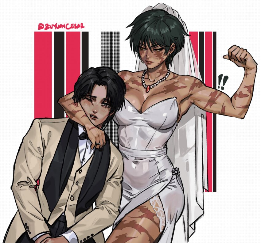 !, !!, 1boy, 1girl, absurdres, arm_around_neck, biceps, black_bow, black_bowtie, bow, bowtie, breasts, bridal_veil, brown_hair, cleavage, dress, flexing, formal_clothes, green_hair, highres, jewelry, jujutsu_kaisen, meme, muscular, muscular_bride_(meme), muscular_female, necklace, okkotsu_yuta, one_eye_closed, ring, short_hair, signature, smile, suit, veil, wedding_dress, wedding_ring, wedding_suit, zen'in_maki, zu_yuan_cesar