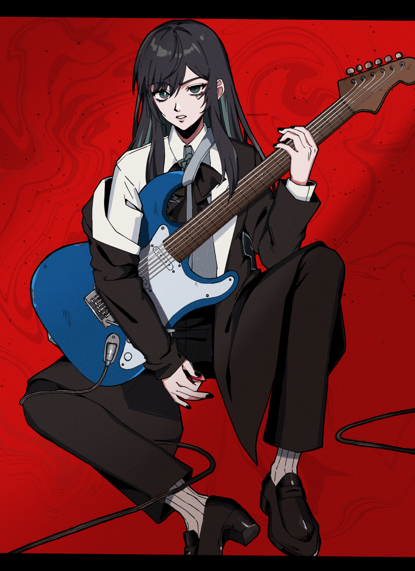 1girl, absurdres, ado_(utaite), black_bow, black_bowtie, black_coat, black_hair, black_nails