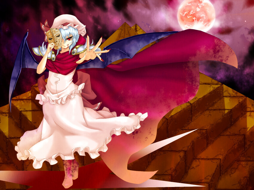 1girl, bat_wings, blood, blood_on_face, blue_hair, crossover, dress, frilled_dress