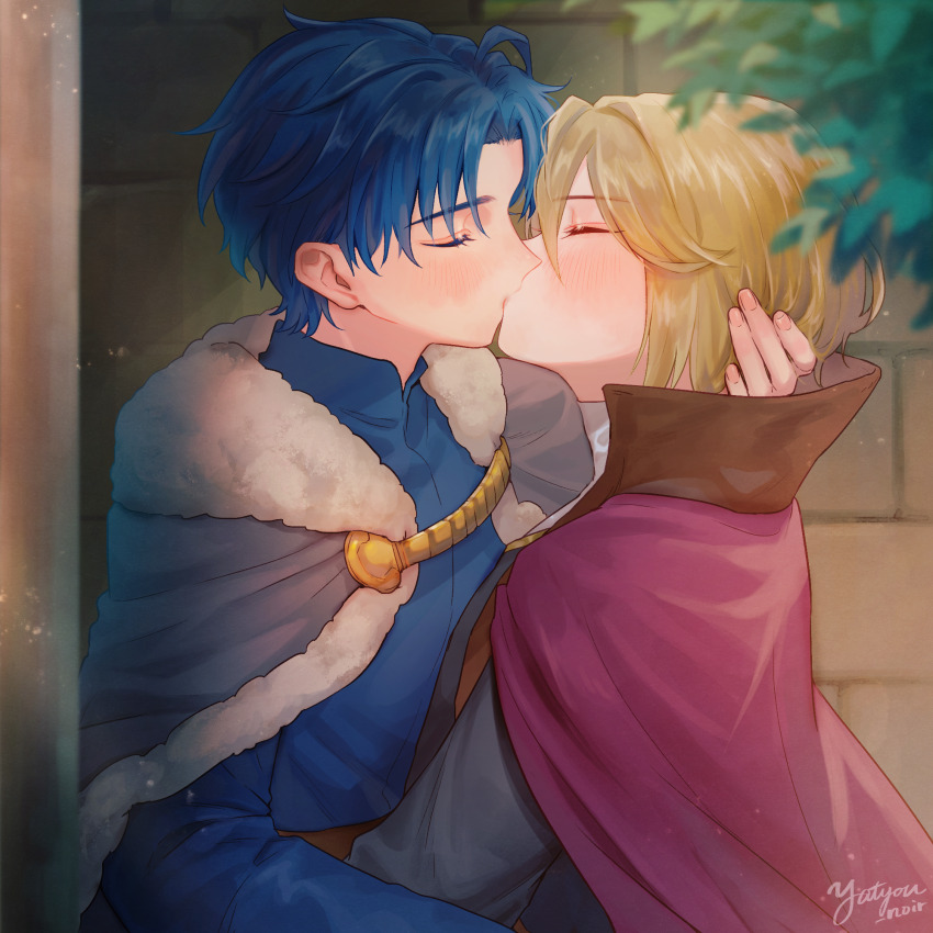 2boys, alain_(unicorn_overlord), auch_(unicorn_overlord), bishounen, black_robe, blonde_hair, blue_cloak, blue_eyes