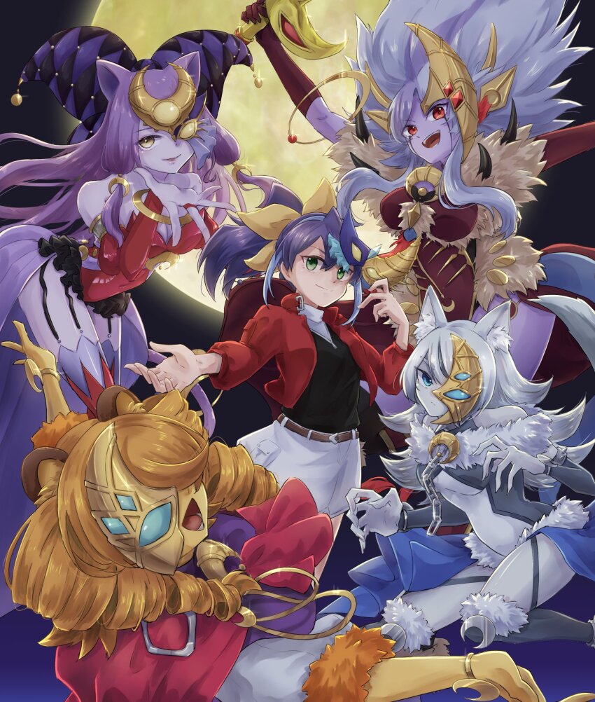 bare_shoulders, black_shirt, blue_hair, brown_hair, character_request, colored_skin, crescent, drill_hair