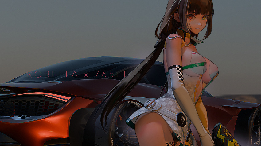 1girl, 3d_background, artist_name, breasts, brown_hair, car, character_name, girls'_frontline