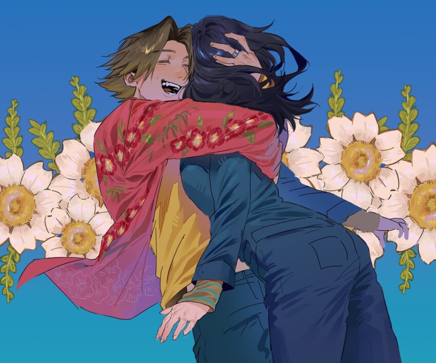 1boy, 1girl, anya_(mouthwashing), black_hair, blue_background, blue_jumpsuit, brown_hair, closed_eyes