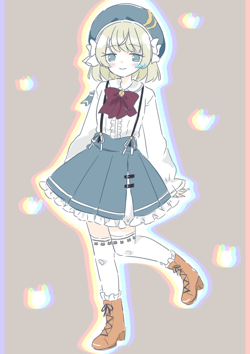 1girl, aqua_eyes, arms_at_sides, artist_name, assault_lily, beret, blonde_hair, blue_hat