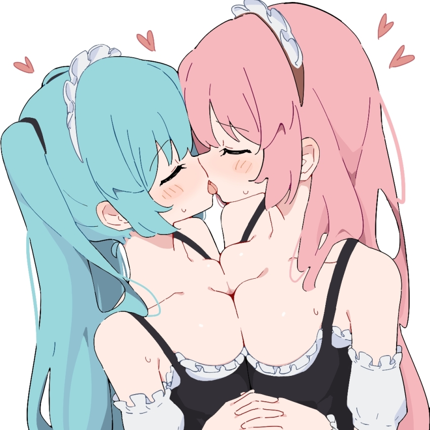 2girls, bare_shoulders, blue_hair, blush, breast_press, breasts, cleavage, closed_eyes, commentary_request, french_kiss, giryu, hatsune_miku, heart, kiss, large_breasts, maid_headdress, megurine_luka, multiple_girls, off-shoulder_shirt, off_shoulder, pink_hair, shirt, simple_background, sweat, symmetrical_docking, tongue, tongue_out, vocaloid, white_background, white_headdress, yuri
