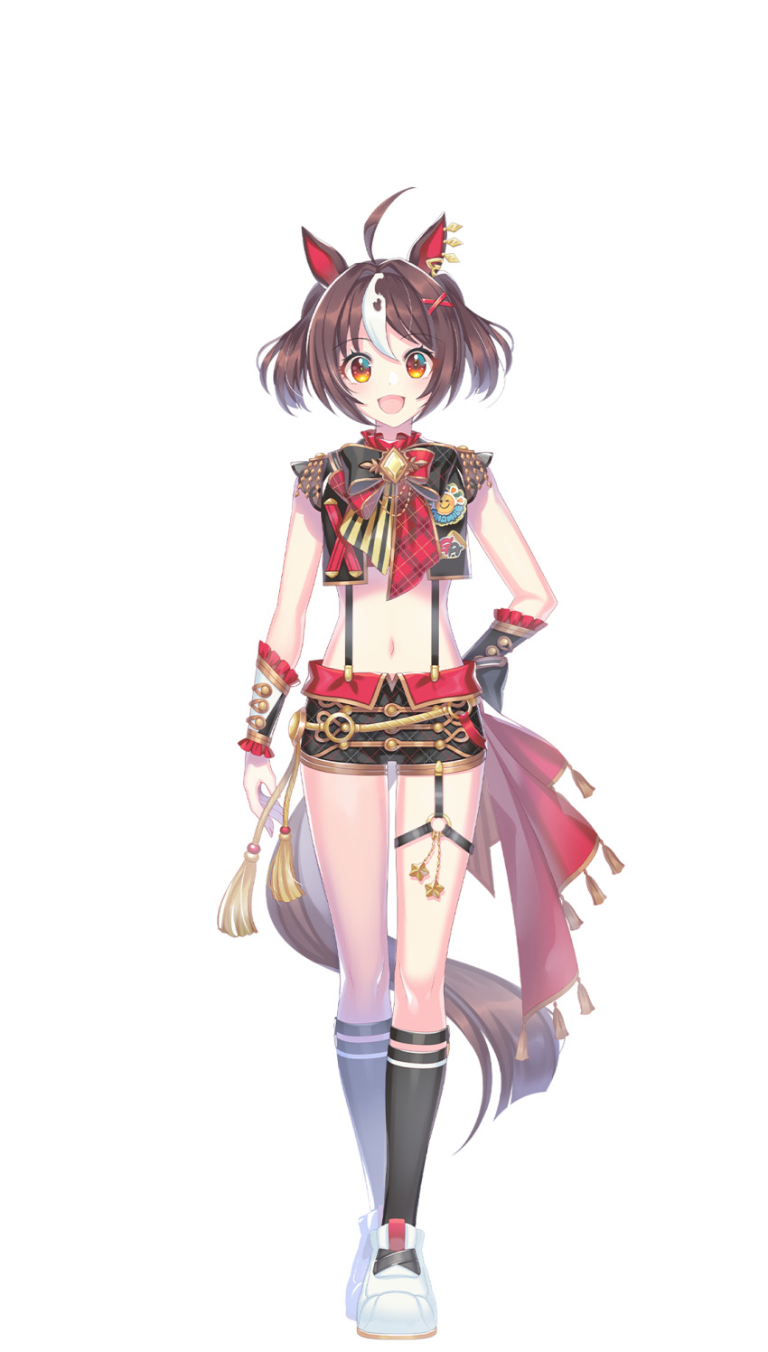 1girl, animal_ears, armpits, arms_up, blush, breasts, brown_hair, gran_alegria_(smile_my_way!)_(umamusume)