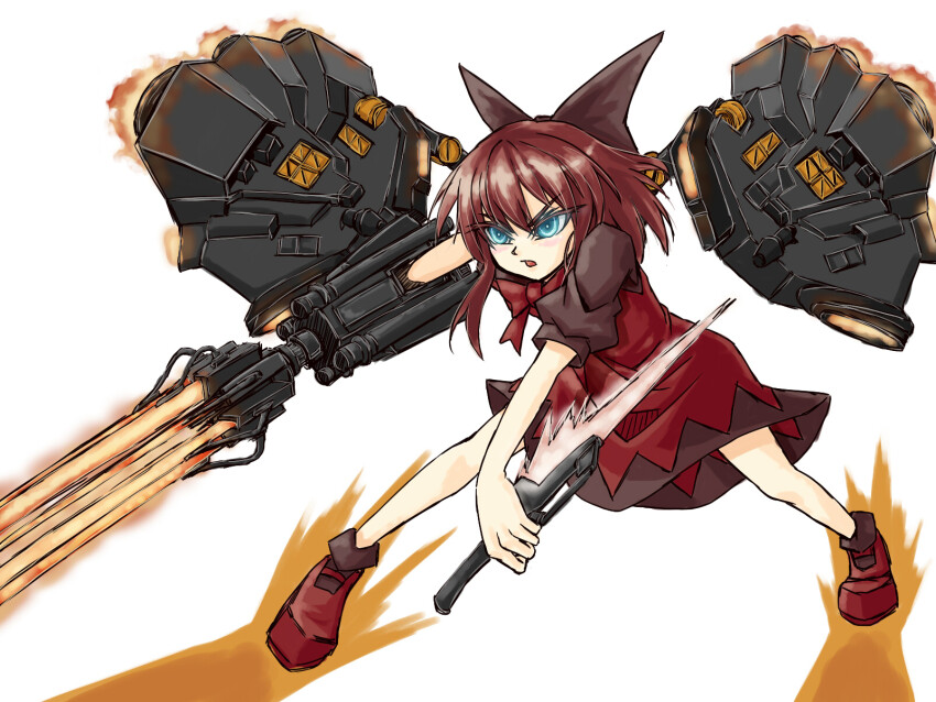 1girl, afterburner, alternate_color, aqua_eyes, arm_blade, armored_core, bow, cirno