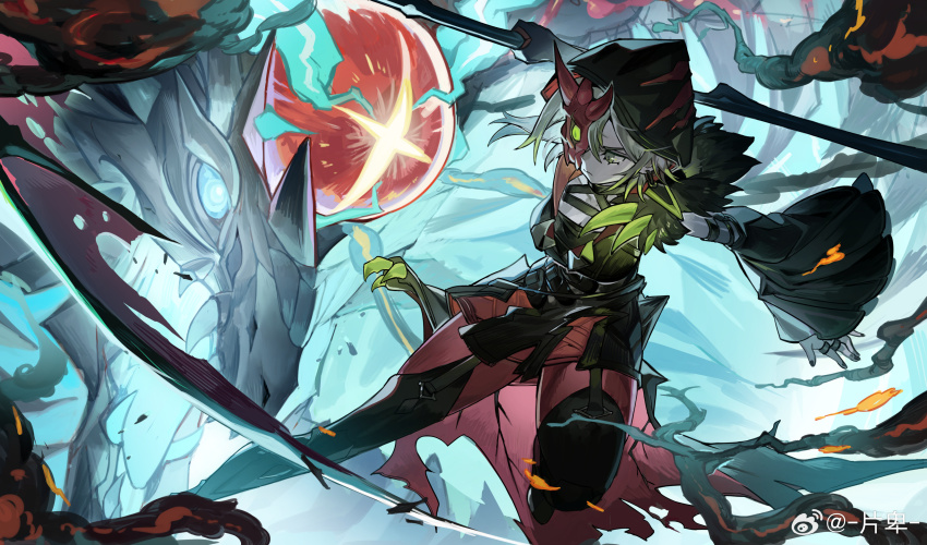 1girl, absurdres, battle, blue_background, blue_eyes, breasts, cleavage, colored_tips