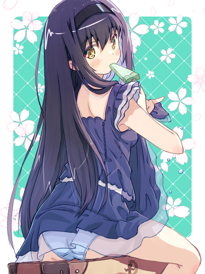 1girl, akayama_yukihe, anchor_print, ass, backlighting, black_choker, black_hair, black_hairband