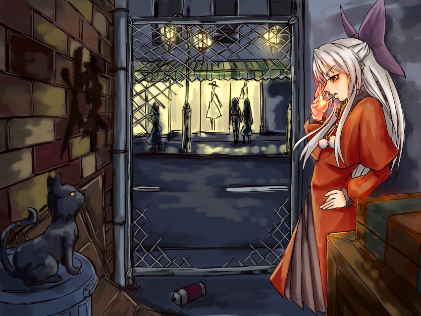 1girl, alternate_color, black_cat, bow, brick_wall, capelet, cat, chain-link_fence