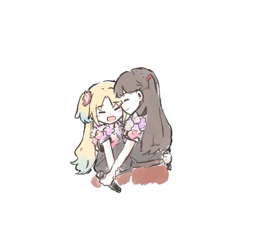 2girls, 4th_live_dream_~bloom_the_dream_believers~, :d, ^_^, ao_kaeru, black_shirt, blonde_hair, brown_hair