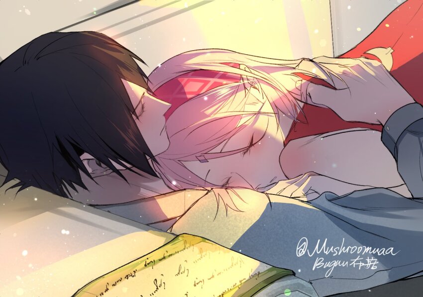 1boy, 1girl, black_hair, boruto:_naruto_next_generations, closed_eyes, closed_mouth, couch, dress, grey_shirt, hairband, hand_on_another's_back, haruno_sakura, hug, lying, lying_on_person, mushroomuaa, naruto_(series), on_couch, pink_hair, red_dress, red_hairband, shirt, short_hair, sleeping, uchiha_sasuke, upper_body